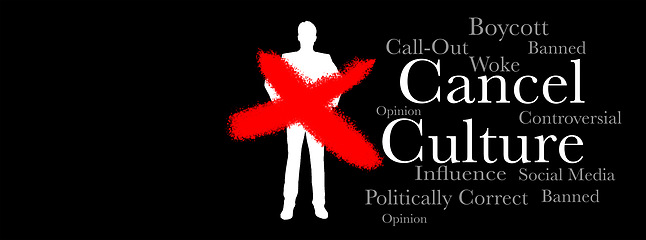 Image showing Cancel culture, overlay and words on silhouette of man for bias, political controversy or criticism. Mockup space, banner and cancelled person with cross for society problem, mistake and hate speech