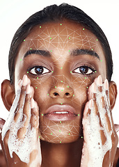 Image showing Woman, portrait and face in skincare science, wash or hygiene in dermatology with overlay. Closeup of female person in facial beauty, cosmetics or treatment in cosmetology, transformation or genetics