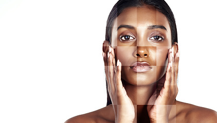 Image showing Portrait, beauty and mockup for plastic surgery with a woman in studio isolated on a white background banner. Face, skincare and change or transformation with double exposure on a young model