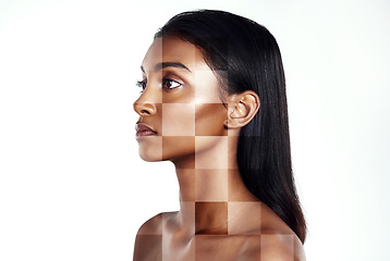 Image showing Face, skincare and foundation for plastic surgery with a woman in studio isolated on a white background. Skin, beauty and change or transformation with double exposure on a confident young model