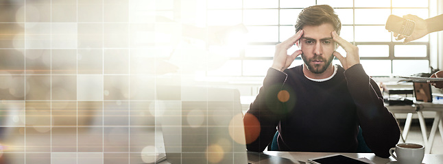 Image showing Headache, stress and business man banner on bokeh background mockup space on lens flare. Burnout, anxiety and challenge of person, financial crisis and tired of fatigue, overwork mistake and fail