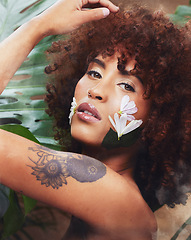 Image showing Beauty, natural and portrait of woman with flowers for skincare, cosmetic or self care routine. Fantasy, floral and young female model from Colombia with curls and creative facial makeup treatment.