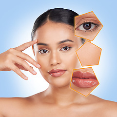 Image showing Skincare, dermatology and portrait of woman with overlay in studio for wellness, beauty and cosmetics. Salon, spa and face of person for makeup analysis, product benefits or facial on blue background