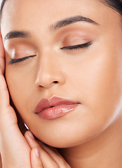 Image showing Beauty, makeup and product with face of woman in studio for cosmetics, glow and self care. Health, skincare and dermatology treatment with person on background for facial, salon and cosmetology