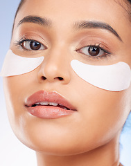 Image showing Portrait, beauty and woman with collagen patch for anti aging or skin glow on studio background. Cosmetics, facial detox and face of model with eye pads or skincare patch for dermatology product.