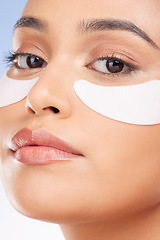 Image showing Portrait, woman and eye patch for skincare and face health, dermatology and self care shine on studio background. Beauty, person and facial product with collagen mask, wellness and glow with zoom