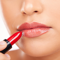 Image showing Beauty, makeup and woman with lipstick on a white background for cosmetics, skincare products and salon. Fashion, aesthetic and mouth closeup of person in studio for cosmetology, glamour or red gloss