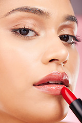 Image showing Beauty, makeup and portrait of woman with lipstick for cosmetics, skincare products and salon. Luxury, fashion aesthetic and face zoom of person in studio background for cosmetology, glamour or gloss