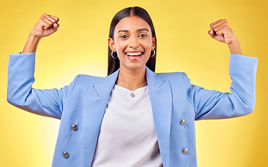 Image showing Flex, winner and portrait with business woman in studio for pride, professional and champion. Empowerment, power and strong with person on yellow background for celebration, achievement and success