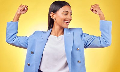 Image showing Flex, success and happy with business woman in studio for pride, professional and champion. Empowerment, power and strong with person on yellow background for celebration, achievement and winner