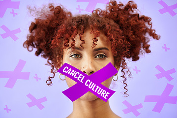 Image showing Cancel culture, overlay and opinion with portrait of woman with tape in studio for censorship, social media and cyber bullying. Free speech, silence and voice with person on purple background