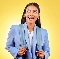 Image showing Happy woman, student and thinking in studio with ideas, smile or vision of memory by yellow background. Remember, planning or Indian girl brainstorming a decision, choice or studying future with bag