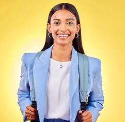 Image showing Happy, studio or portrait of woman student with backpack smile or scholarship on yellow background. Bag, university or face of proud Indian college girl excited by school education, vision and future