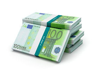 Image showing Stack of 100 euro banknotes bills bundles isolated