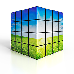 Image showing Cube with nature landscape on white background