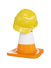 Image showing Yellow hard hat on highway traffic cone