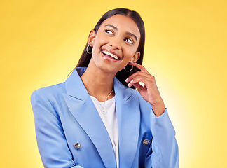 Image showing Business, thinking or woman with a smile, solution or problem solving on a yellow studio background. Person, ideas or model with opportunity, employee or decision with brainstorming, option or choice