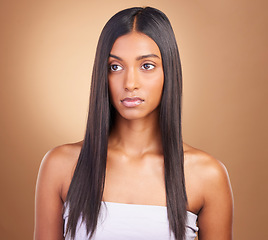 Image showing Beauty, hair care and skincare with face of woman in studio for keratin, salon treatment and texture. Shampoo, health and growth with model on brown background for glamour, shine and hairstyle