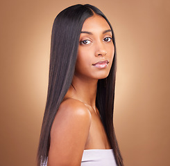 Image showing Beauty, hair care and health with portrait of woman in studio for keratin, salon treatment and texture. Shampoo, cosmetics and growth with model on brown background for glamour, shine and hairstyle