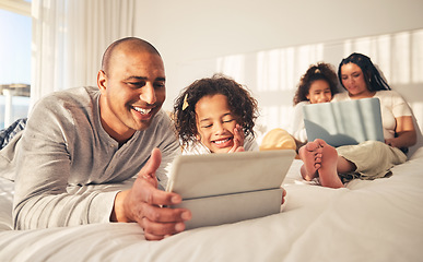 Image showing Relax, family and technology in the bedroom for movies, cartoon or education on the internet. Happy, together and parents with girl kids and a laptop and tablet for streaming a show, film or games