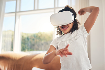 Image showing Girl child, metaverse and virtual reality experience at home with digital world, gaming and entertainment. Future technology, connectivity and kid with VR goggles, youth streaming online and cyber