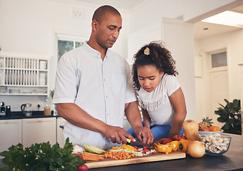 Image showing Father, teaching or child cooking healthy food in kitchen in preparation for a vegan diet for dinner together. Education, dad or kid learning vegetable salad recipe at home for lunch or development