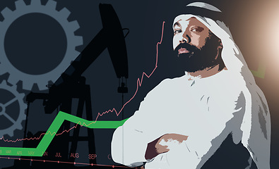 Image showing Portrait, arms crossed and Muslim man in studio isolated on a stock market background. Face, serious and confident Islamic person in kandora for business, finance or trading in Dubai in generative ai