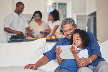 Image showing Family, grandfather and child on tablet for selfie, video streaming and e learning, online education or games on sofa. Senior man and happy kid on digital technology, profile picture and social media