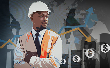 Image showing Graphic, thinking and a black man with arms crossed for construction, building or logistics planning. Engineering, safety and an African handyman or maintenance employee with an idea on composite