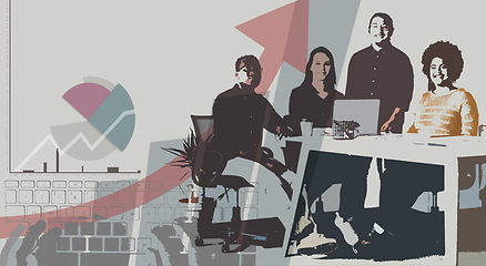 Image showing Digital, portrait and business people for collaboration in a meeting, working together and communication. Overlay, technology abstract and corporate employees for coworking, discussion or smile