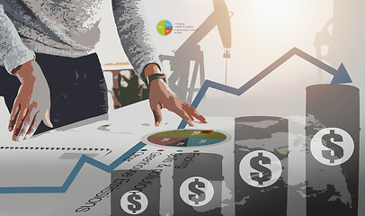 Image showing Hands, graphs and statistics of oil price, fracking and business infographics. Chart, data and market for crude fuel, information on stock investment and finance trading for profit on generative ai