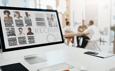 Image showing Recruitment, website and search on computer screen in office with people in human resources and we are hiring in business. Hr, recruit and online application or resume of employees with face on pc