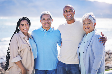 Image showing Beach, portrait and family or parents on vacation in tropical holiday location for love, care and support together. Hug, smile and senior people with man and woman for travel adventure on an island