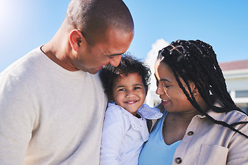 Image showing Mother, baby or portrait of father in happy family outdoors to enjoy summer holiday vacation together. Smile, mom or proud dad hugging or bonding child toddler in backyard with love, trust or support