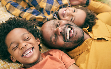 Image showing Happy family, children and face of man with relax, smile and happiness from above on floor, love and eyes closed for bond. Black people, care and quality time in house or home for bonding together