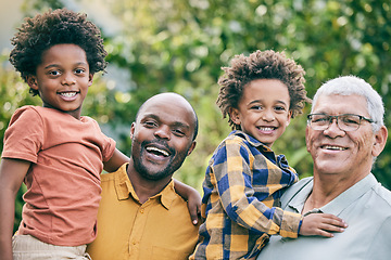 Image showing Portrait, happy kids or grandfather or dad in park to relax for bonding with love, support or care in retirement. Interracial, smile or dad with grandparent or children siblings on family holiday