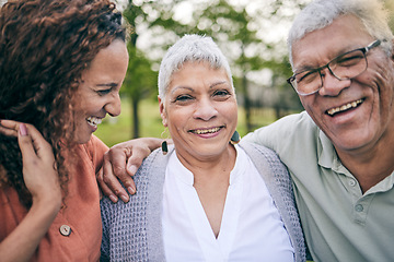 Image showing Elderly parents, happy woman or portrait at park with love, care and bond laughing on outdoor travel. Senior father, mature mother or face of funny adult daughter in nature on family holiday together