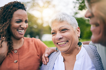 Image showing Elderly parents, happy woman or laughing at park with love, care and bond on outdoor travel to relax. Senior father, mature mother or face of funny adult daughter in nature on family holiday together