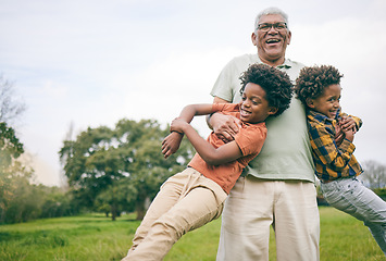 Image showing Grandfather, portrait and funny children in nature, play or bonding together outdoor at garden. Smile, laughing and grandpa at park with kids, having fun and hug of interracial family on mockup space
