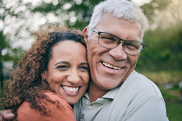 Image showing Senior couple, park and portrait with smile, hug or love on vacation, outdoor or bonding in summer sunshine, Elderly man, woman and happy together in garden, nature or freedom on holiday with embrace