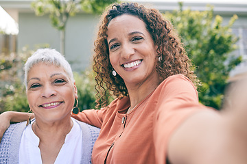 Image showing Portrait, senior mother or happy woman take a selfie in garden as a family to relax on holiday together. Smile, faces or mature mom taking picture or photograph with her excited daughter in home