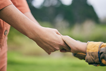 Image showing Park, holding hands and young child, parent and family trust, care and support together on natural adventure. Childhood relationship, woods and youth kid respect, hope or closeup people bonding