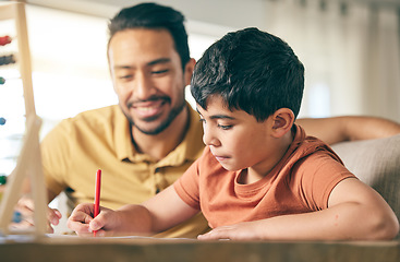 Image showing Father help child, homework and education, writing and learning with studying, activity and development. Family, teaching and support for school with knowledge, man and boy in living room with growth