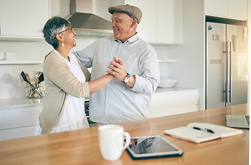 Image showing Old couple, dancing in kitchen and happy with retirement, partner and love with romance at home together. Dancer, support and trust with marriage and loyalty, man and woman in healthy relationship