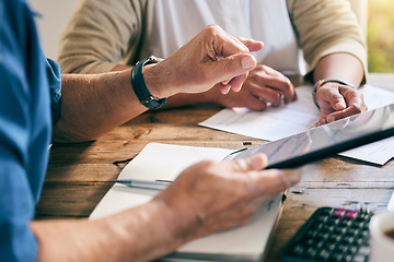 Image showing Closeup, hands and couple with a tablet for planning, mortgage payment or home budget. Debt, website and people or family with technology and documents for insurance, investment or finance savings