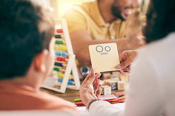 Image showing Hands, mother and child learning spelling, alphabet and paper card for homework. Education, homeschool and kid with mom studying, language development and knowledge of vocabulary together at house