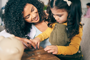 Image showing Money, piggy bank and mother with girl counting coins together for learning, development and knowledge. Finance, family and mom and daughter with cash for financial savings, planning and investment