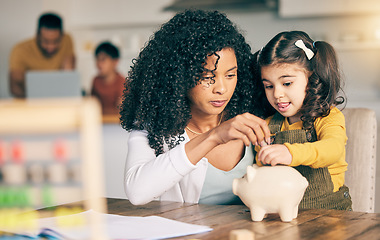 Image showing Mother, child and piggy bank, learning about savings with money, investment and future development with finance. Woman, young girl and financial education at home, security and growth with cash