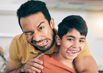 Image showing Funny, face and dad with child in home together with crazy comedy, joke or bonding on vacation, weekend or holiday, Silly, father and son in portrait with goofy expression or family humor in house