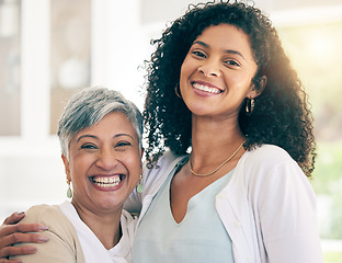 Image showing Smile, love and portrait of senior mother and daughter for happy, hug and bonding. Support, retirement and happiness with face of women in family home for vacation, care and generations together